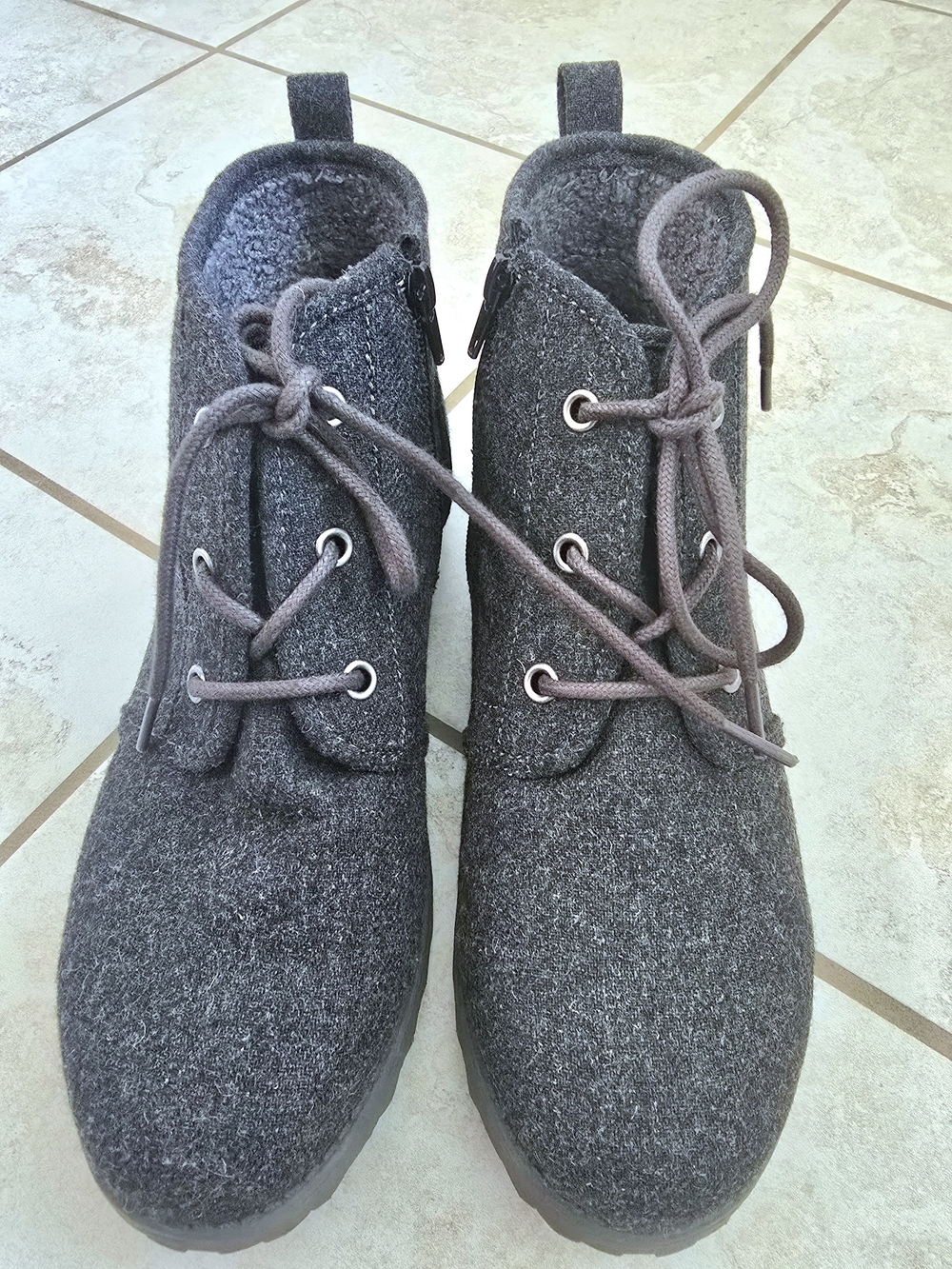 Jellypop Dark Gray Lace-Up Wool-Texture Ankle Boots